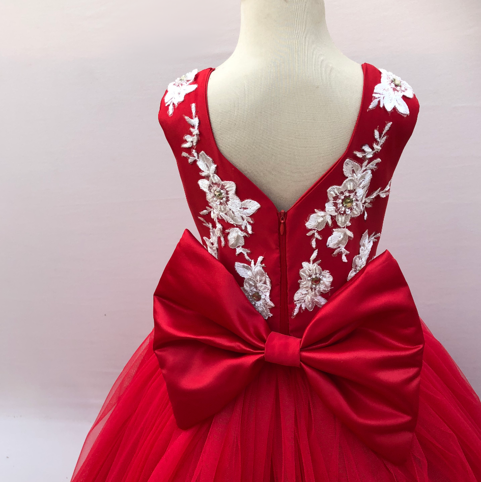 Red Tulle Flower Girl Gown with Ivory Beaded Floral Lace
