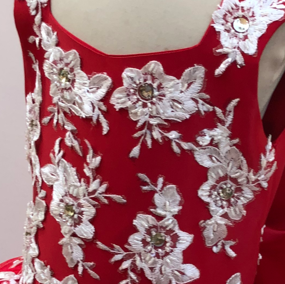 Red Tulle Flower Girl Gown with Ivory Beaded Floral Lace