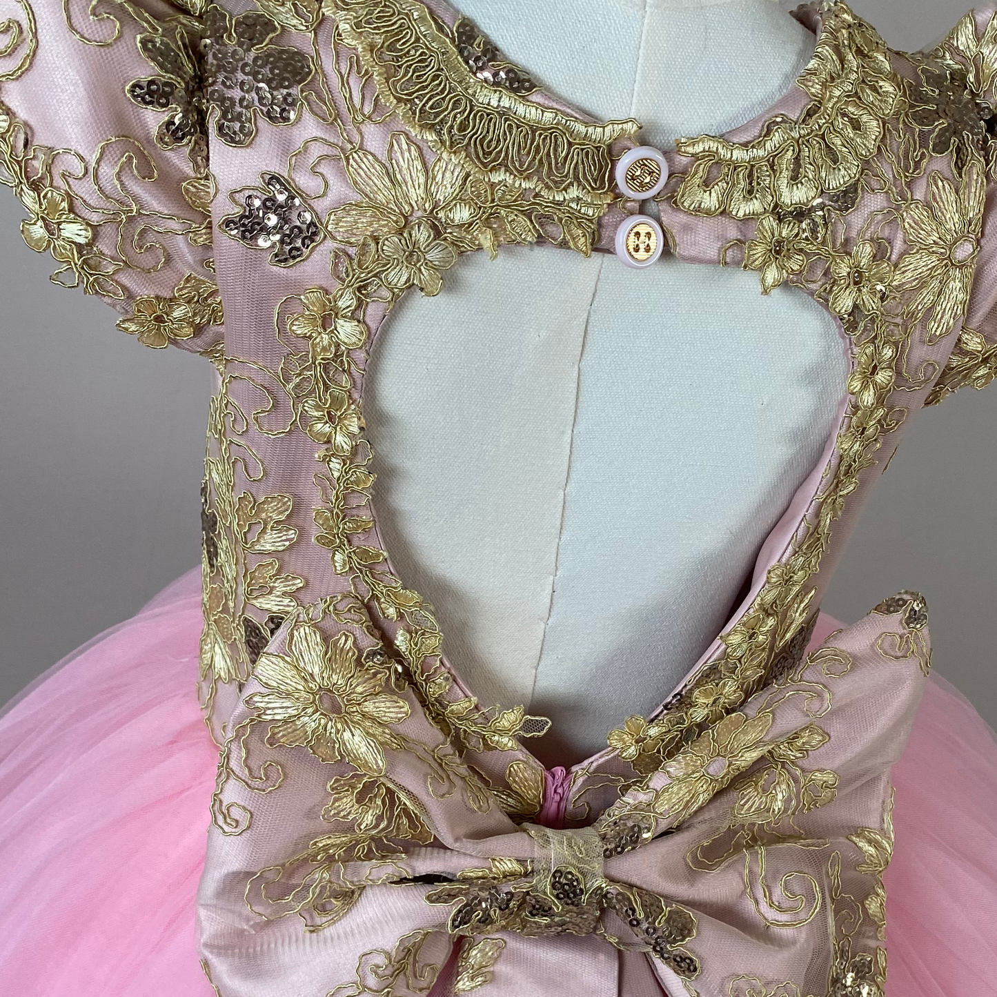 Luxury Pink Ball Gown with Gold Floral Lace