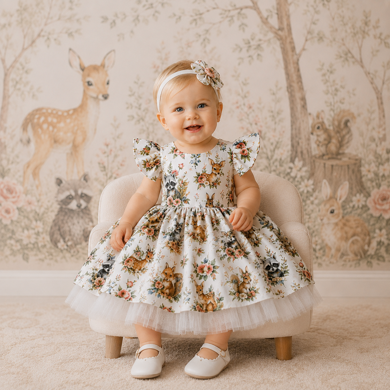 Woodland Animal Cotton and Tulle Dress
