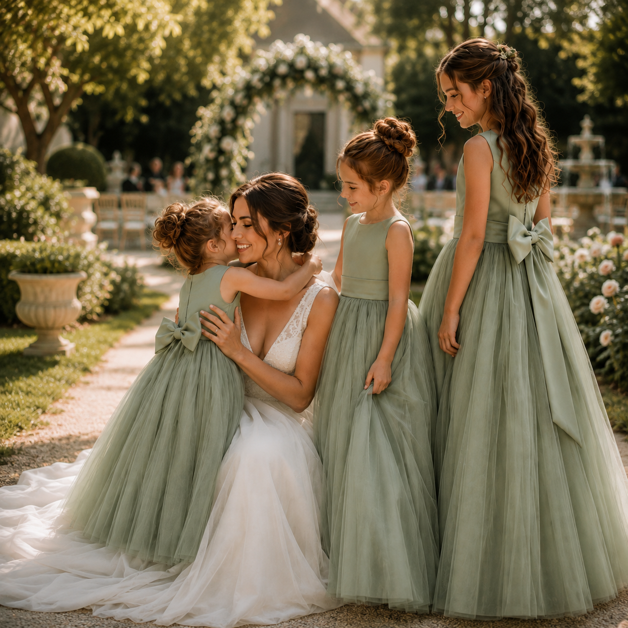Sage Green Duchess Satin & Soft Tulle Flower Girl Dress