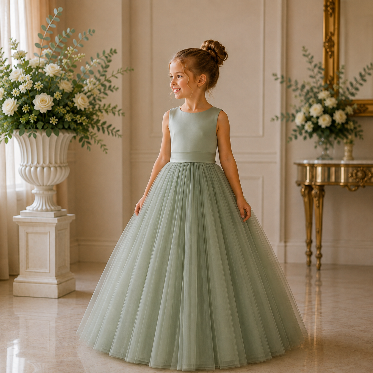 Sage Green Duchess Satin & Soft Tulle Flower Girl Dress