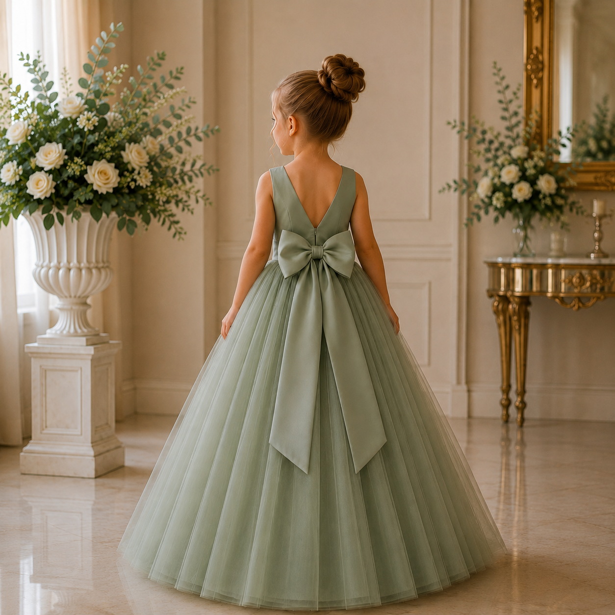 Sage Green Duchess Satin & Soft Tulle Flower Girl Dress