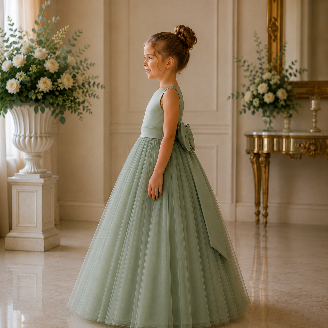 Sage Green Duchess Satin & Soft Tulle Flower Girl Dress