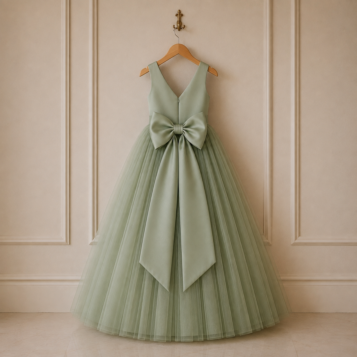 Sage Green Duchess Satin & Soft Tulle Flower Girl Dress