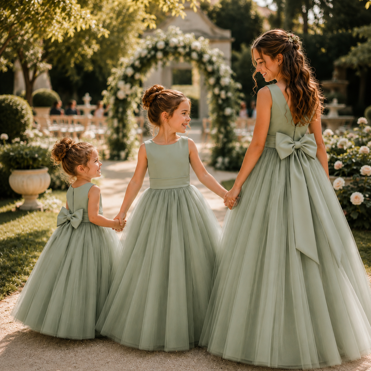 Sage Green Duchess Satin & Soft Tulle Flower Girl Dress