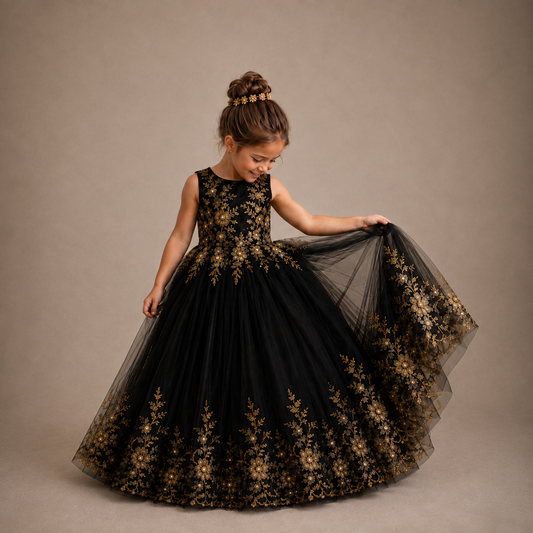 Elegant Black Tulle Princess Dress with Gold Embroidery