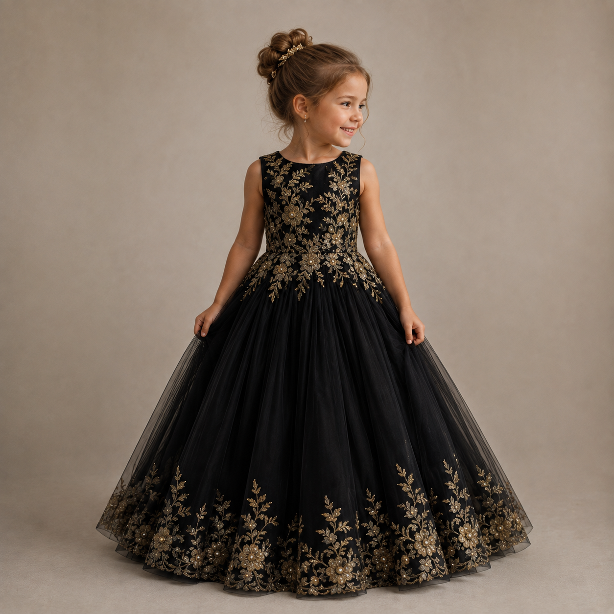 Elegant Black Tulle Princess Dress with Gold Embroidery