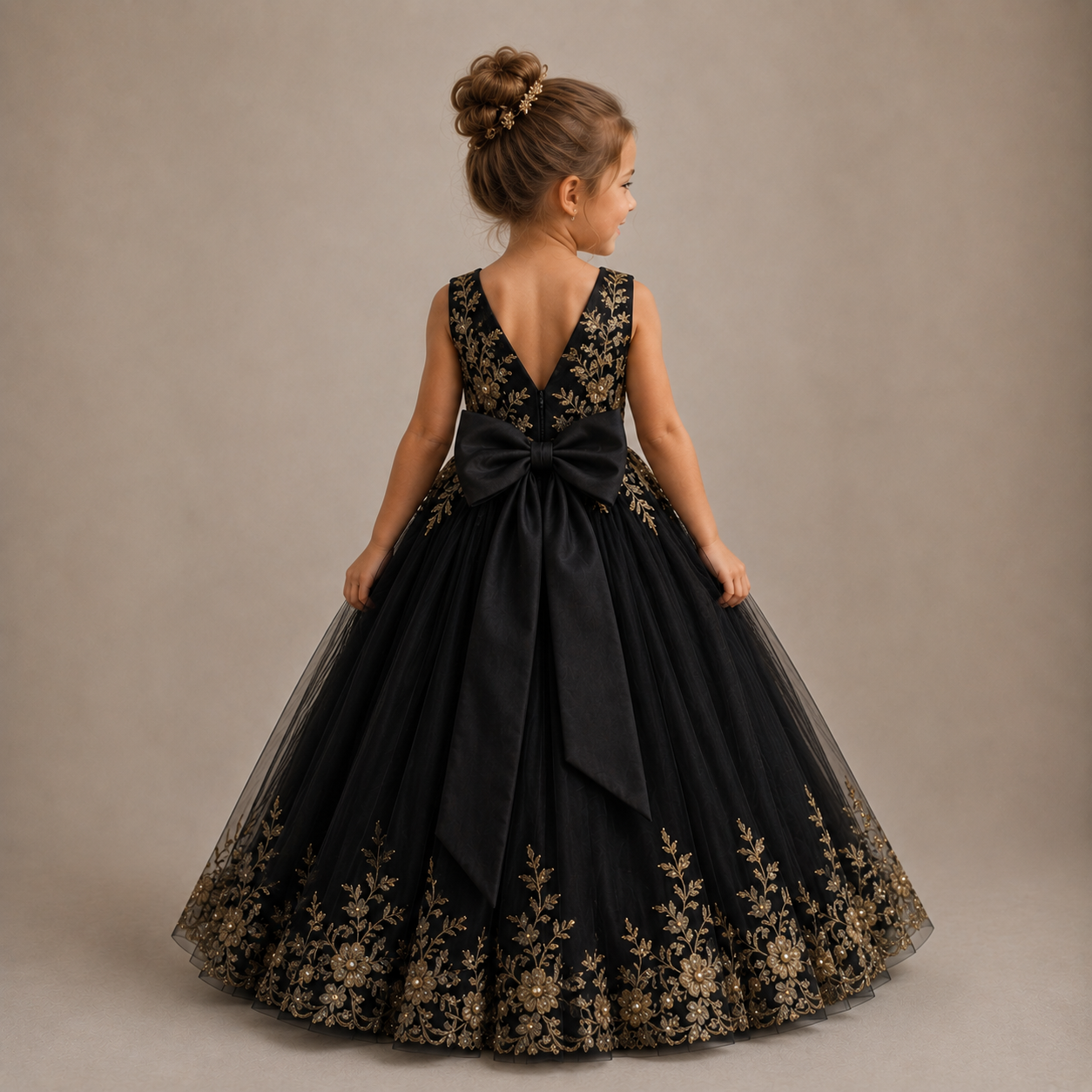Elegant Black Tulle Princess Dress with Gold Embroidery