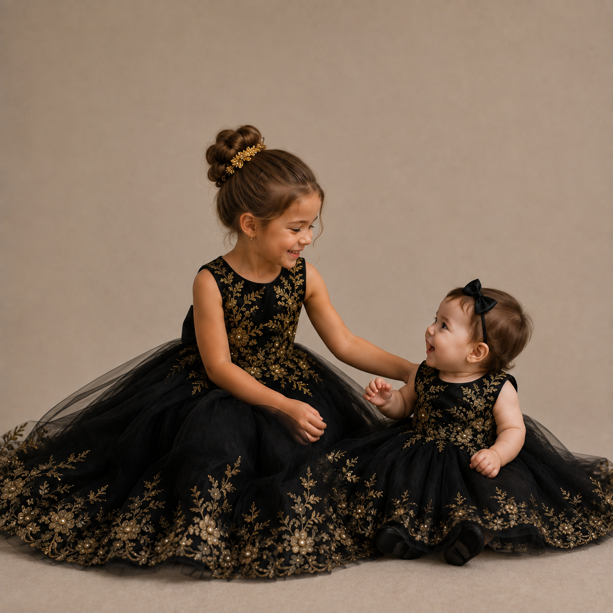 Elegant Black Tulle Princess Dress with Gold Embroidery