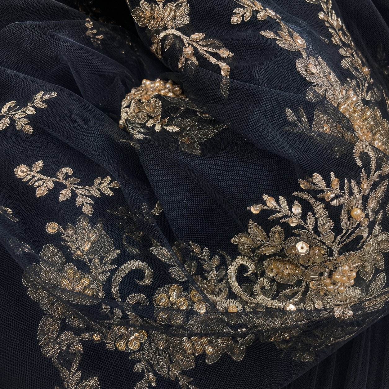 Elegant Black Tulle Princess Dress with Gold Embroidery