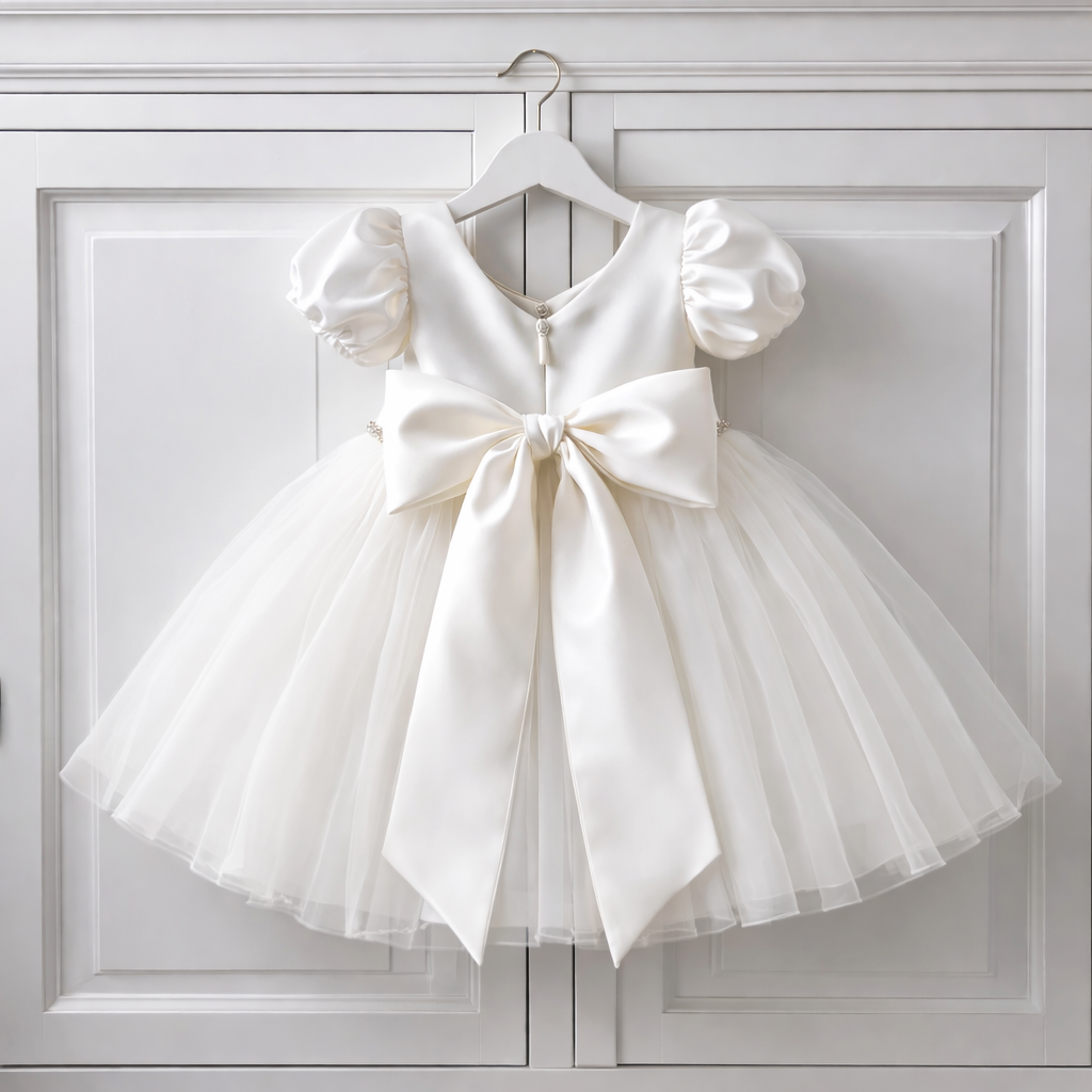 Ivory Satin Puff Sleeve Tutu Dress with Oversized Bow