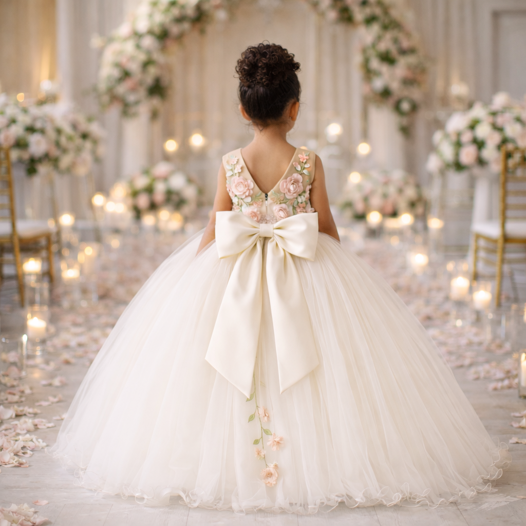 White Floral Ball Gown with Pink 3D Flowers and Large Back Bow