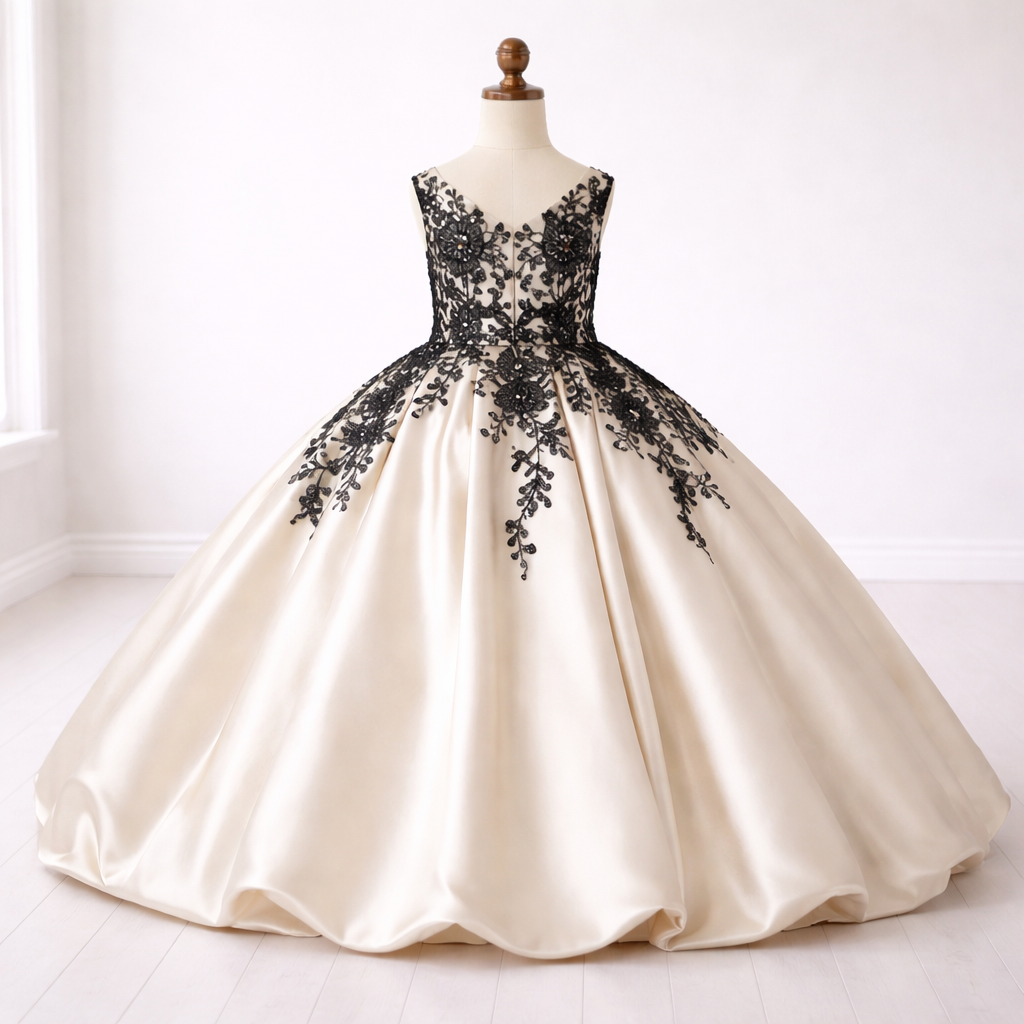 Ivory Satin & Black Lace Occasion Dress