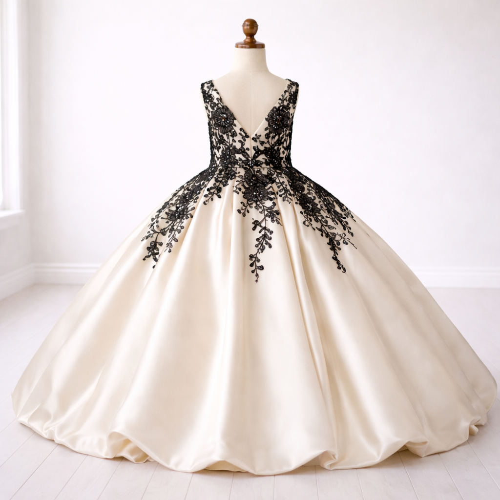 Ivory Satin & Black Lace Occasion Dress