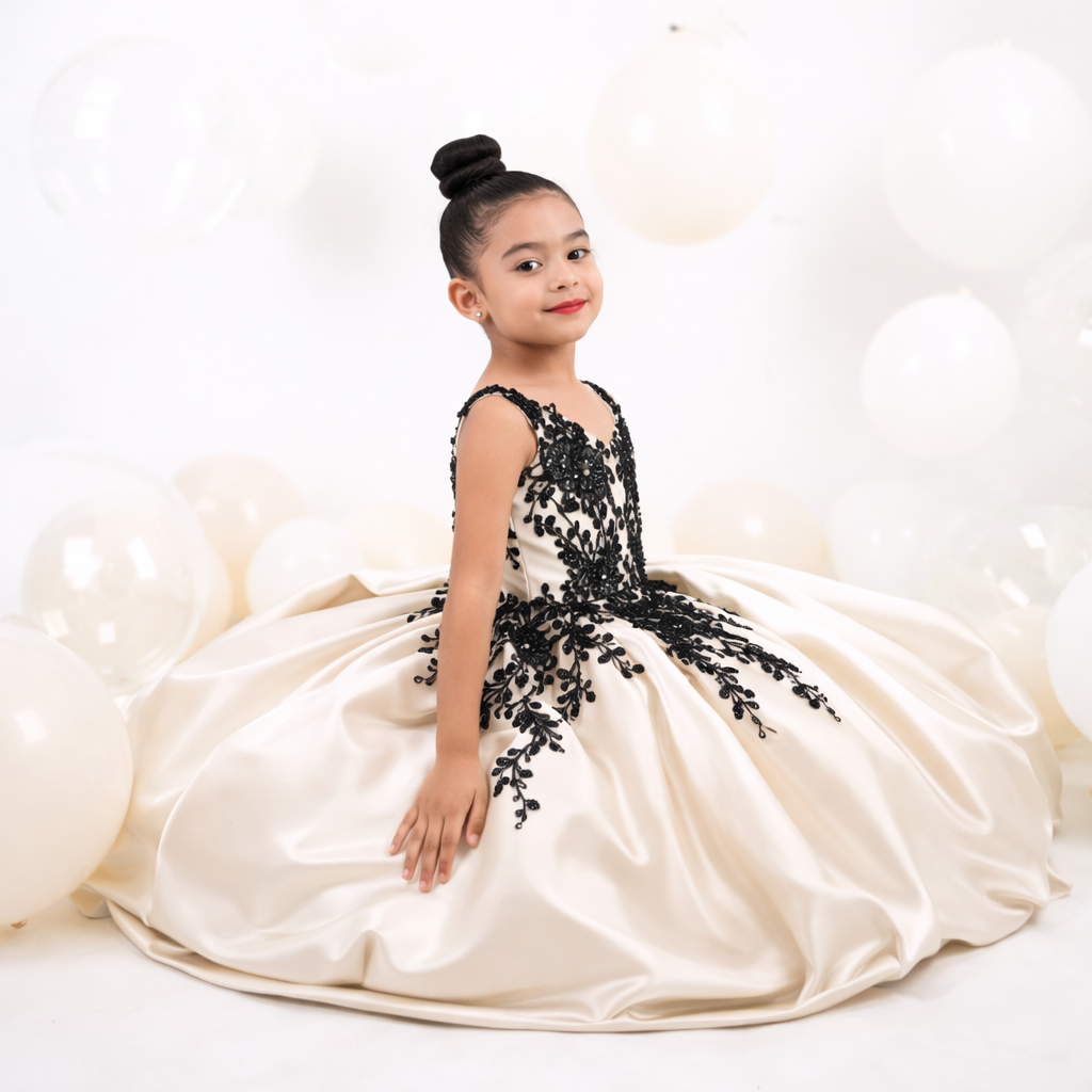 Ivory Satin & Black Lace Occasion Dress