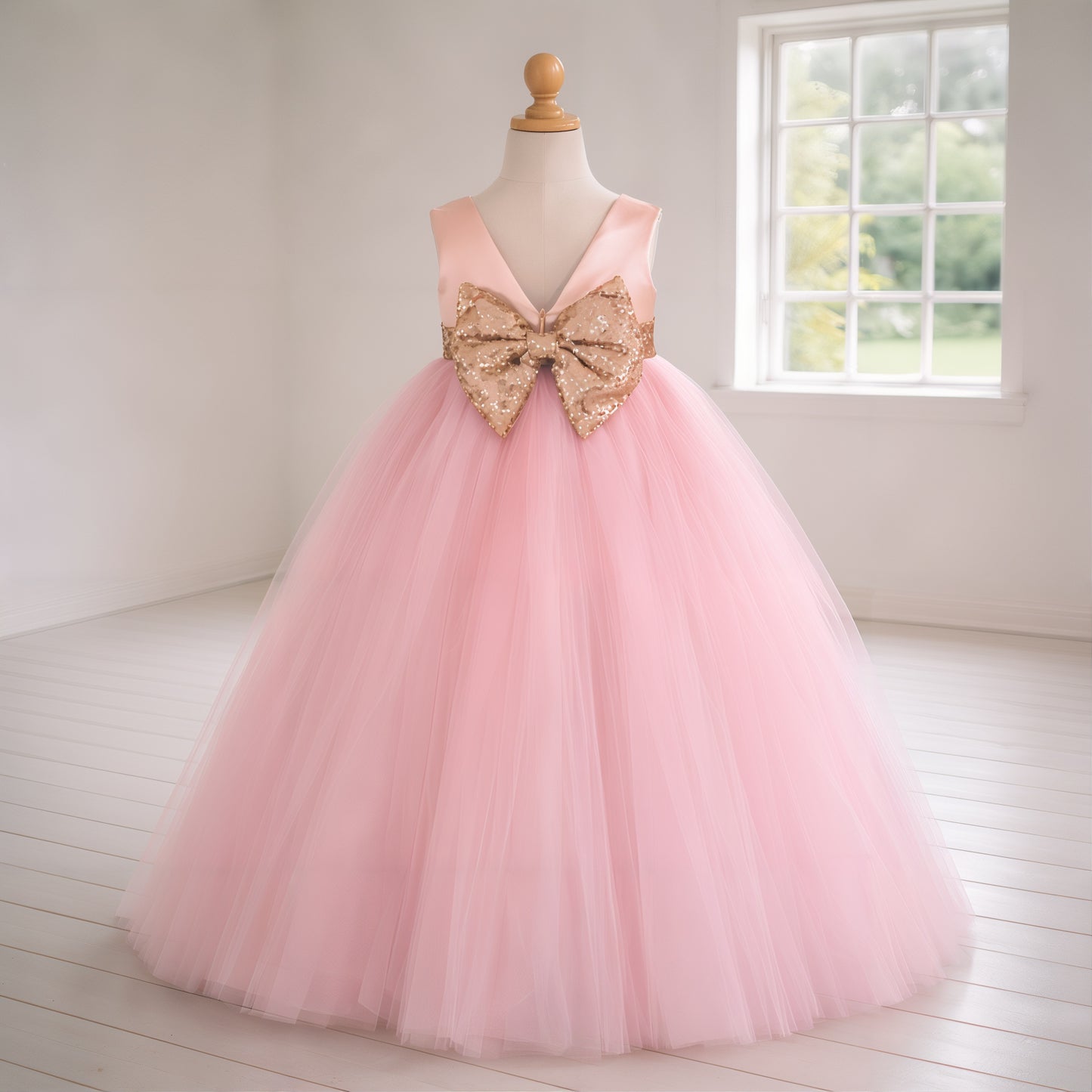Blush Pink Tulle Dress with Rose Gold Bow