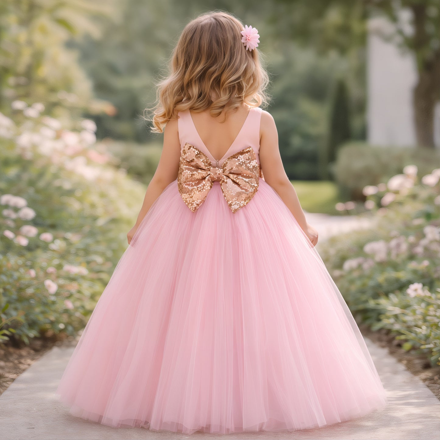Blush Pink Tulle Dress with Rose Gold Bow