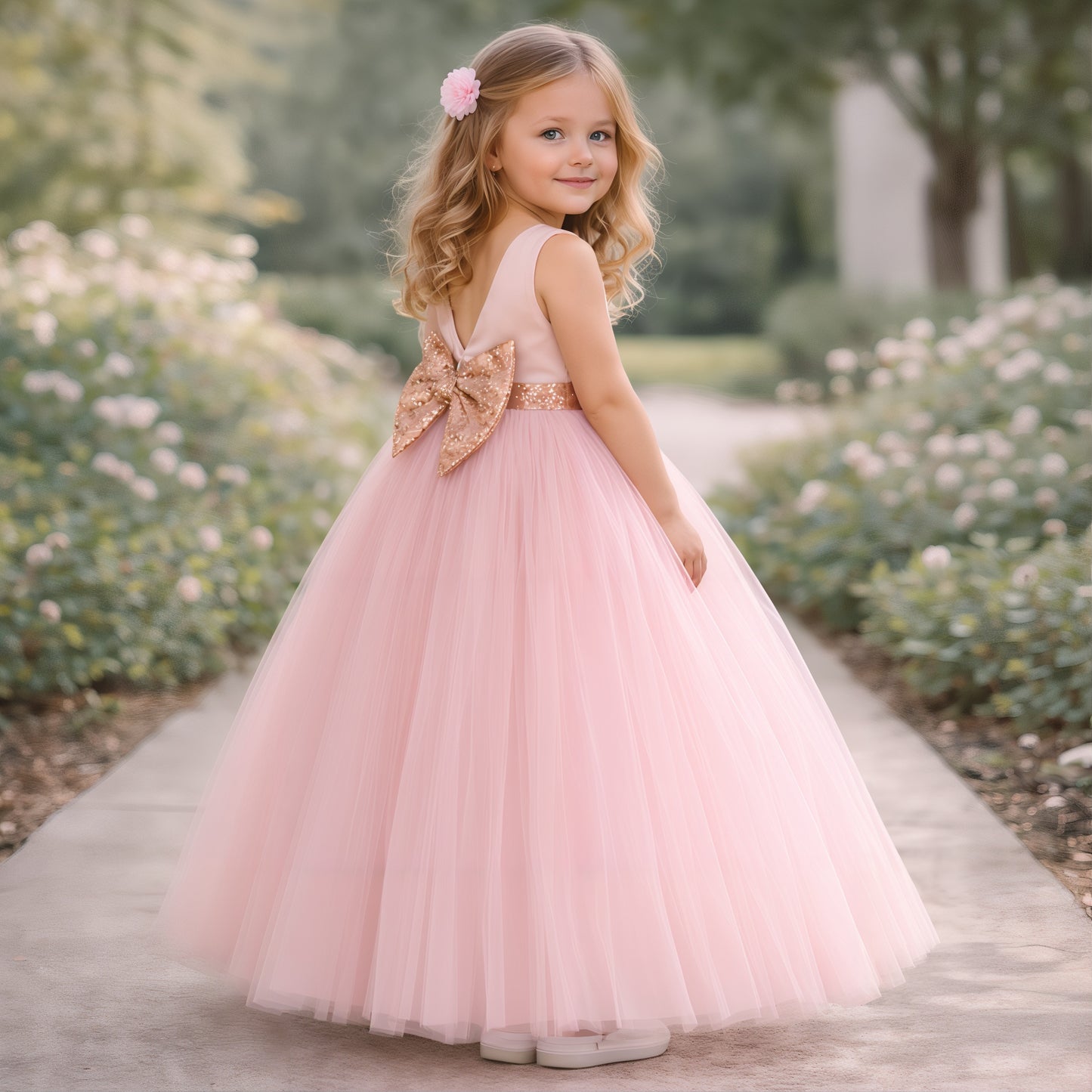 Blush Pink Tulle Dress with Rose Gold Bow