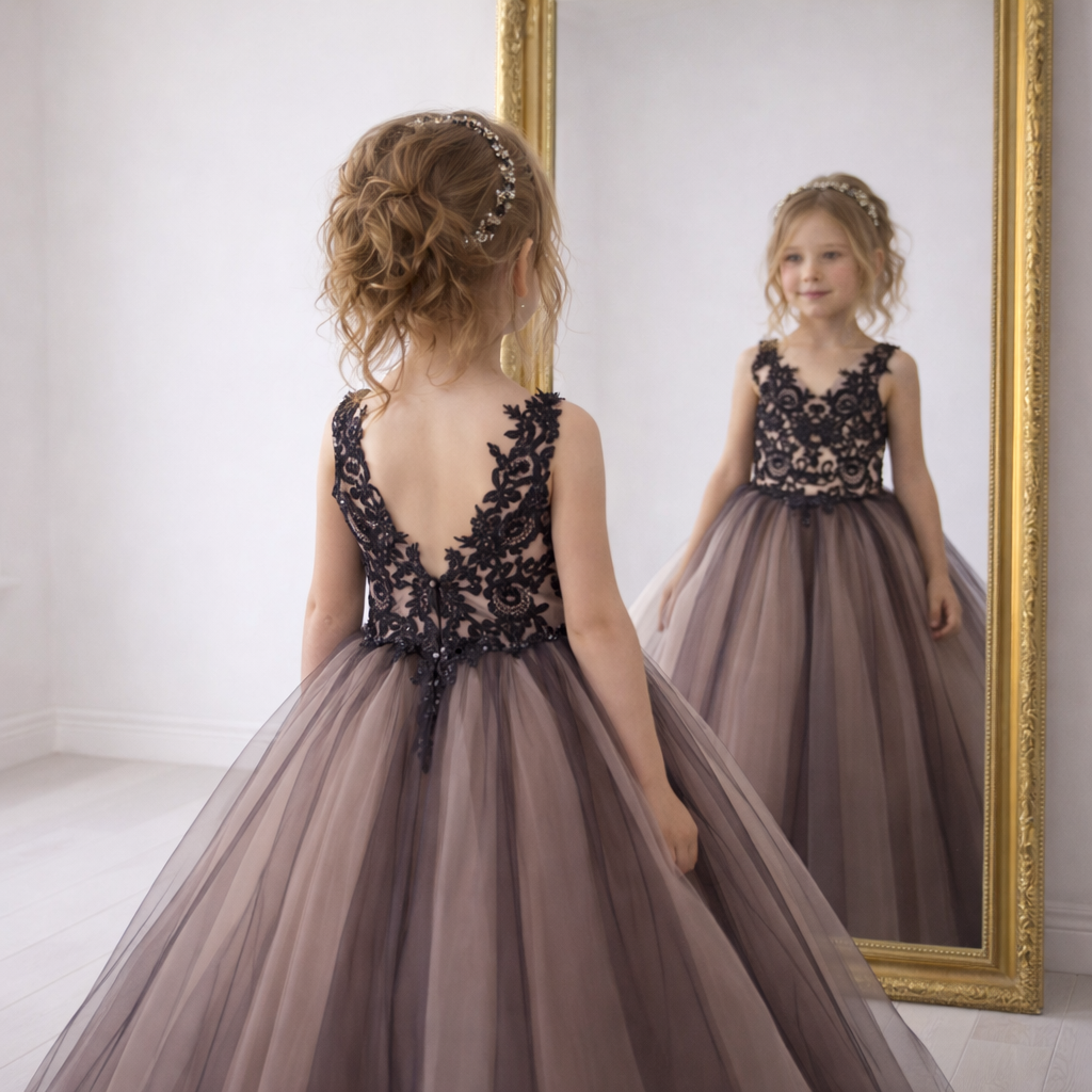 Smoky Taupe & Black Lace Tulle Ball Gown