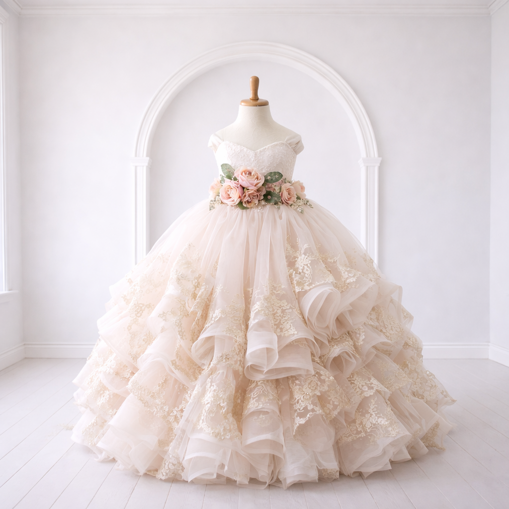 Ivory Champagne Ruffle Lace Tulle Ball Gown