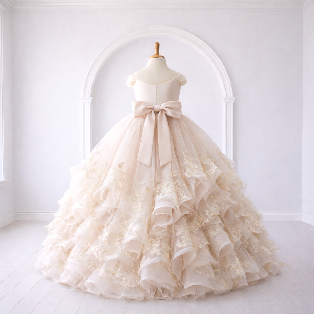 Ivory Champagne Ruffle Lace Tulle Ball Gown