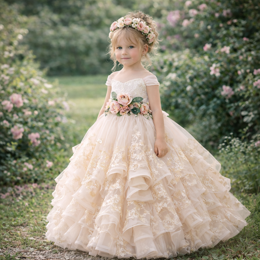 Ivory Champagne Ruffle Lace Tulle Ball Gown