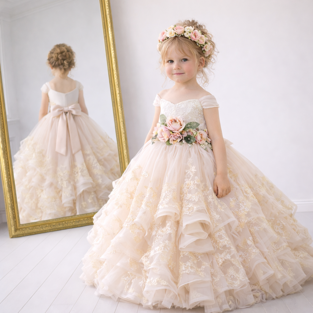 Ivory Champagne Ruffle Lace Tulle Ball Gown