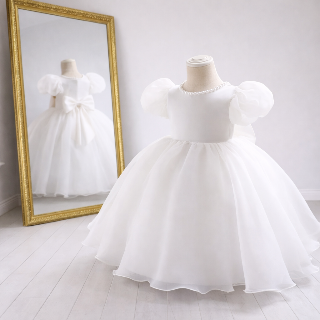 White  Organza Flower Girl Dress with Puff Sleeves