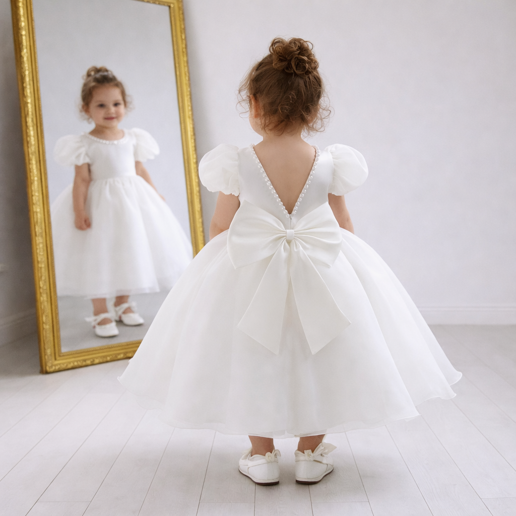 White  Organza Flower Girl Dress with Puff Sleeves