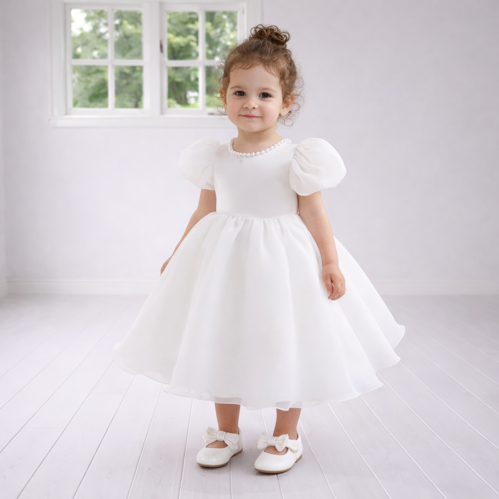 White  Organza Flower Girl Dress with Puff Sleeves