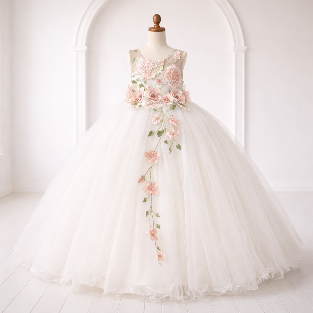 White Floral Ball Gown with Pink 3D Flowers and Large Back Bow