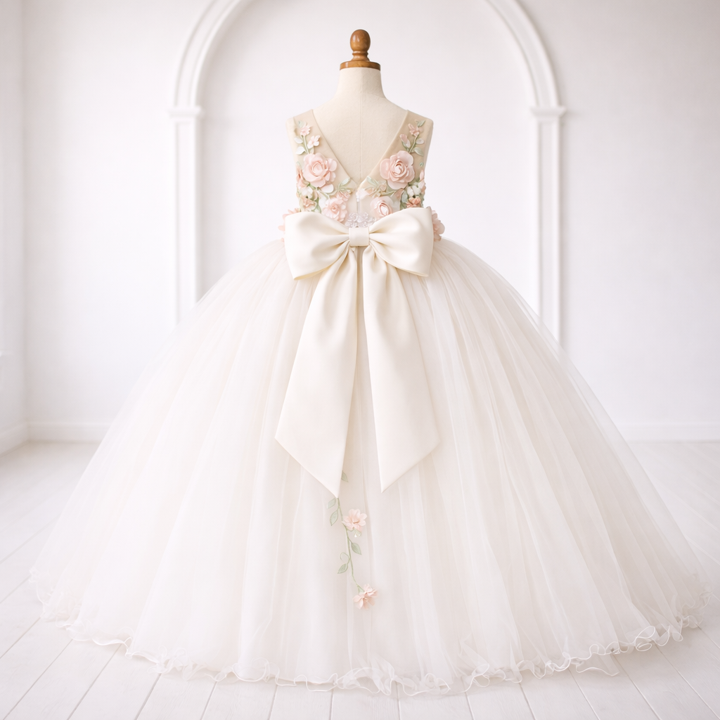 White Floral Ball Gown with Pink 3D Flowers and Large Back Bow