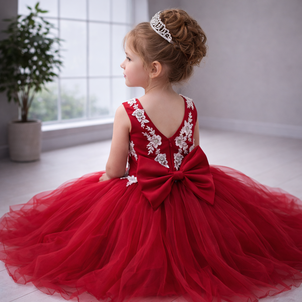 Red Tulle Flower Girl Gown with Ivory Beaded Floral Lace