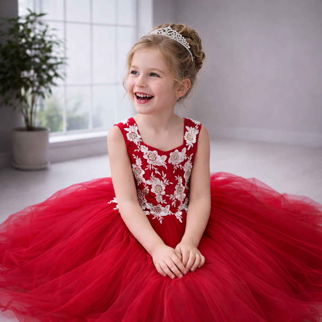 Red Tulle Flower Girl Gown with Ivory Beaded Floral Lace