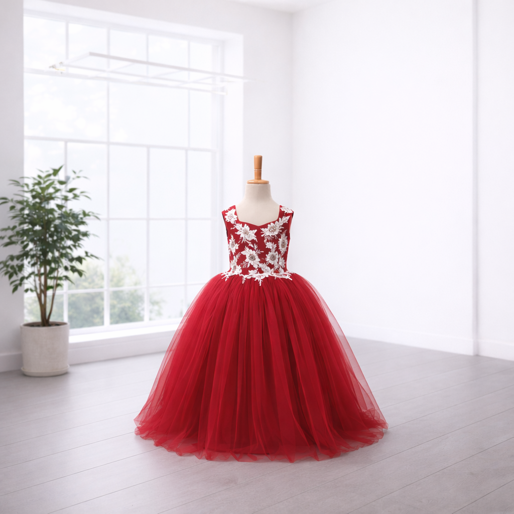 Red Tulle Flower Girl Gown with Ivory Beaded Floral Lace