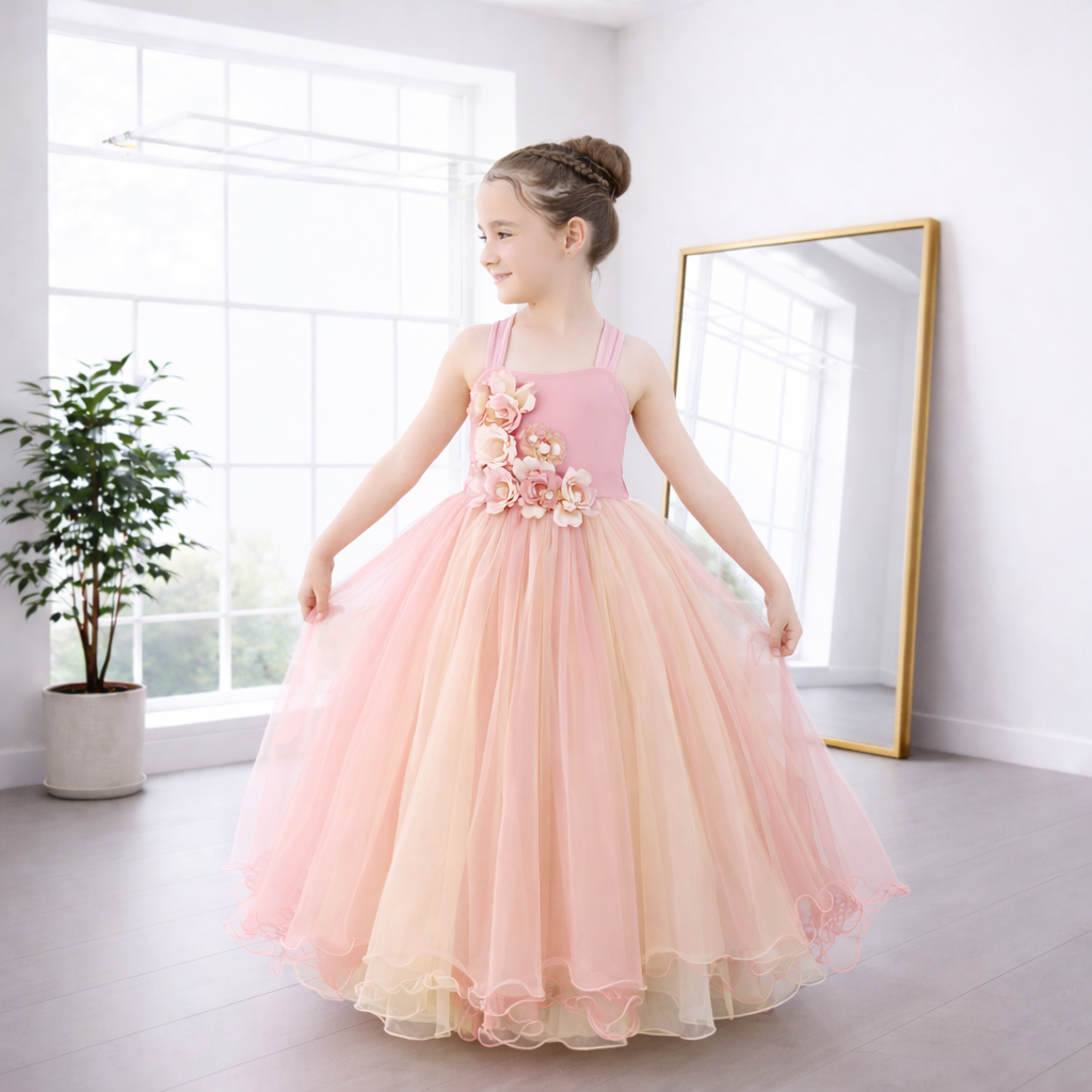 Pastel Pink & Soft Yellow Chiffon Ball Gown