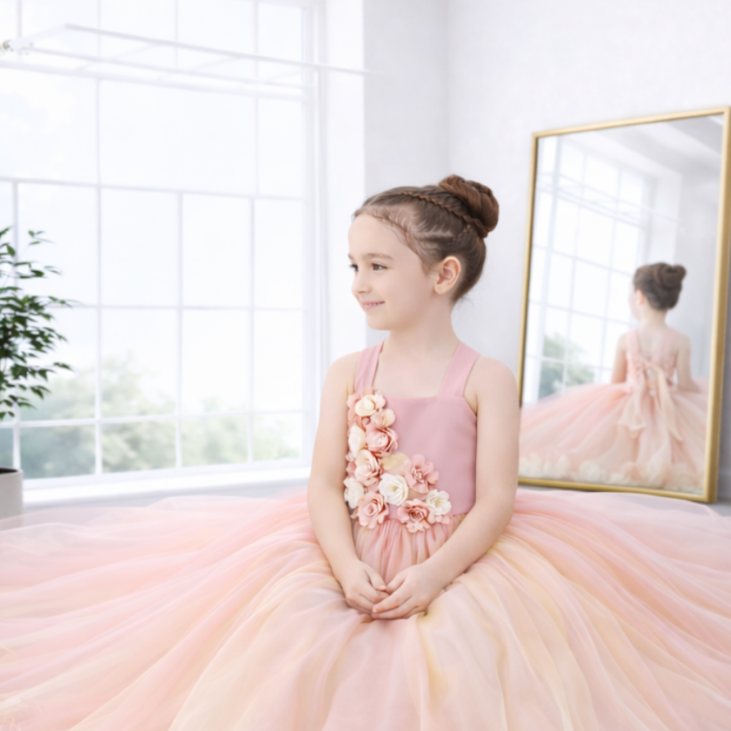 Pastel Pink & Soft Yellow Chiffon Ball Gown