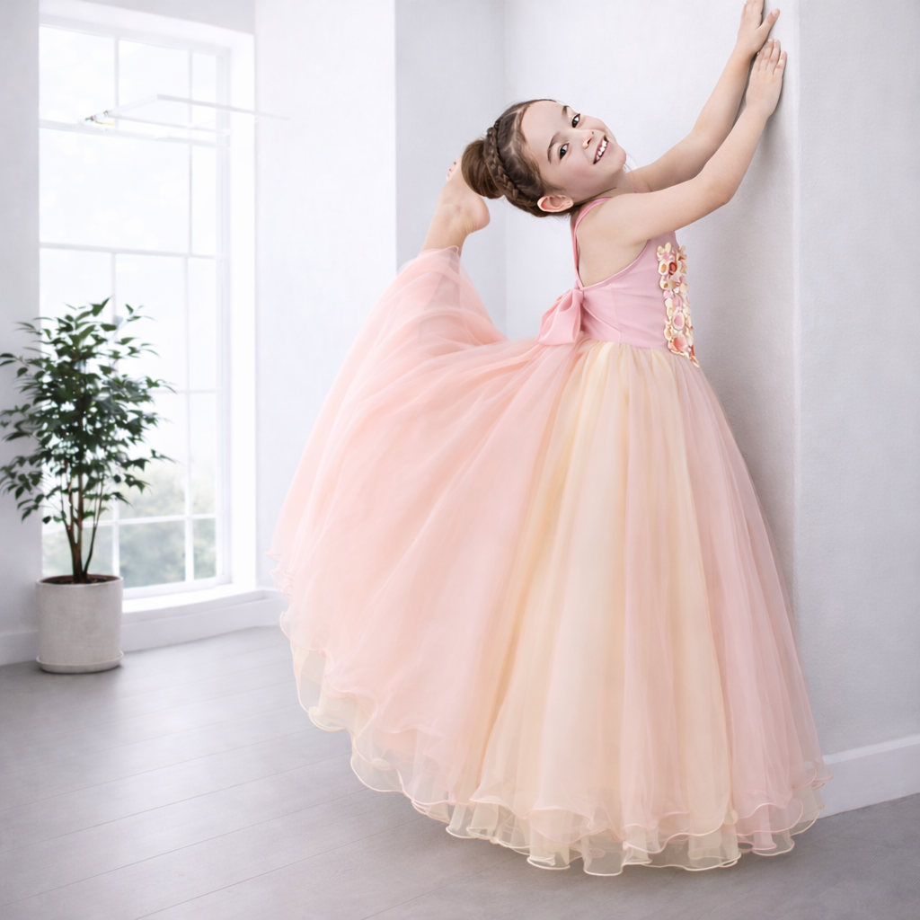 Pastel Pink & Soft Yellow Chiffon Ball Gown