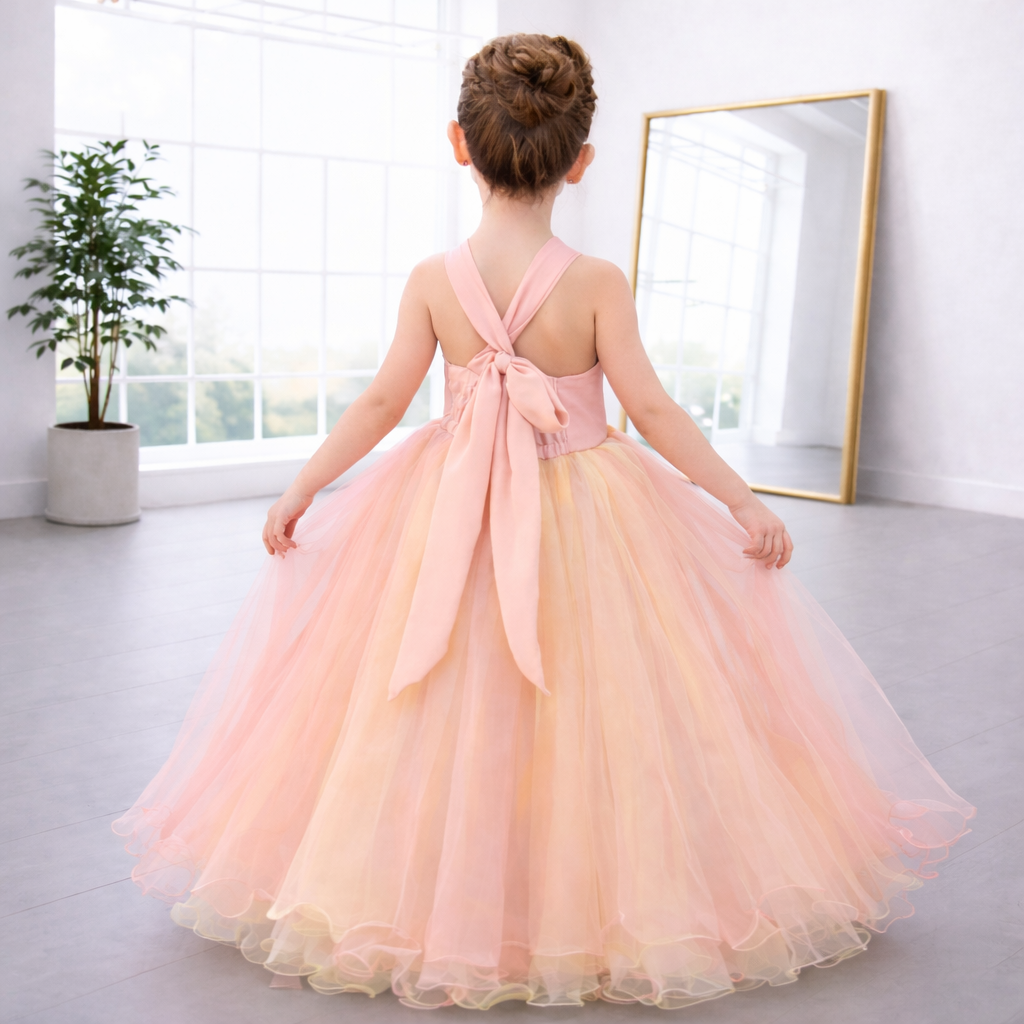 Pastel Pink & Soft Yellow Chiffon Ball Gown