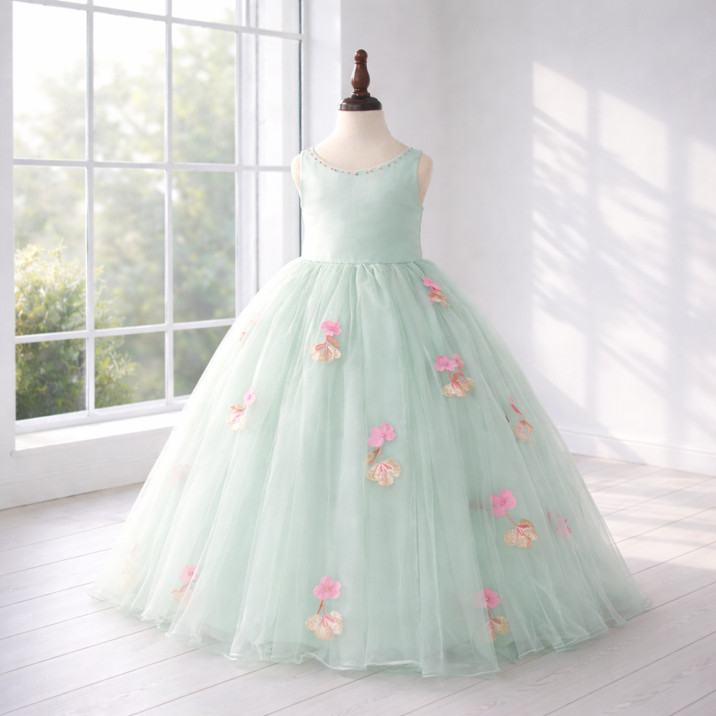 Mint Green Floral Tulle Ball Gown