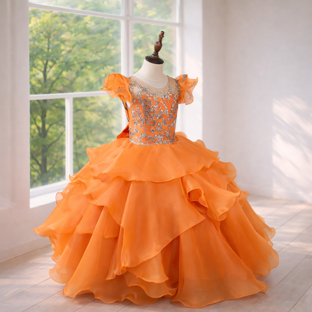 Burnt Orange Ruffle Tulle Ball Gown