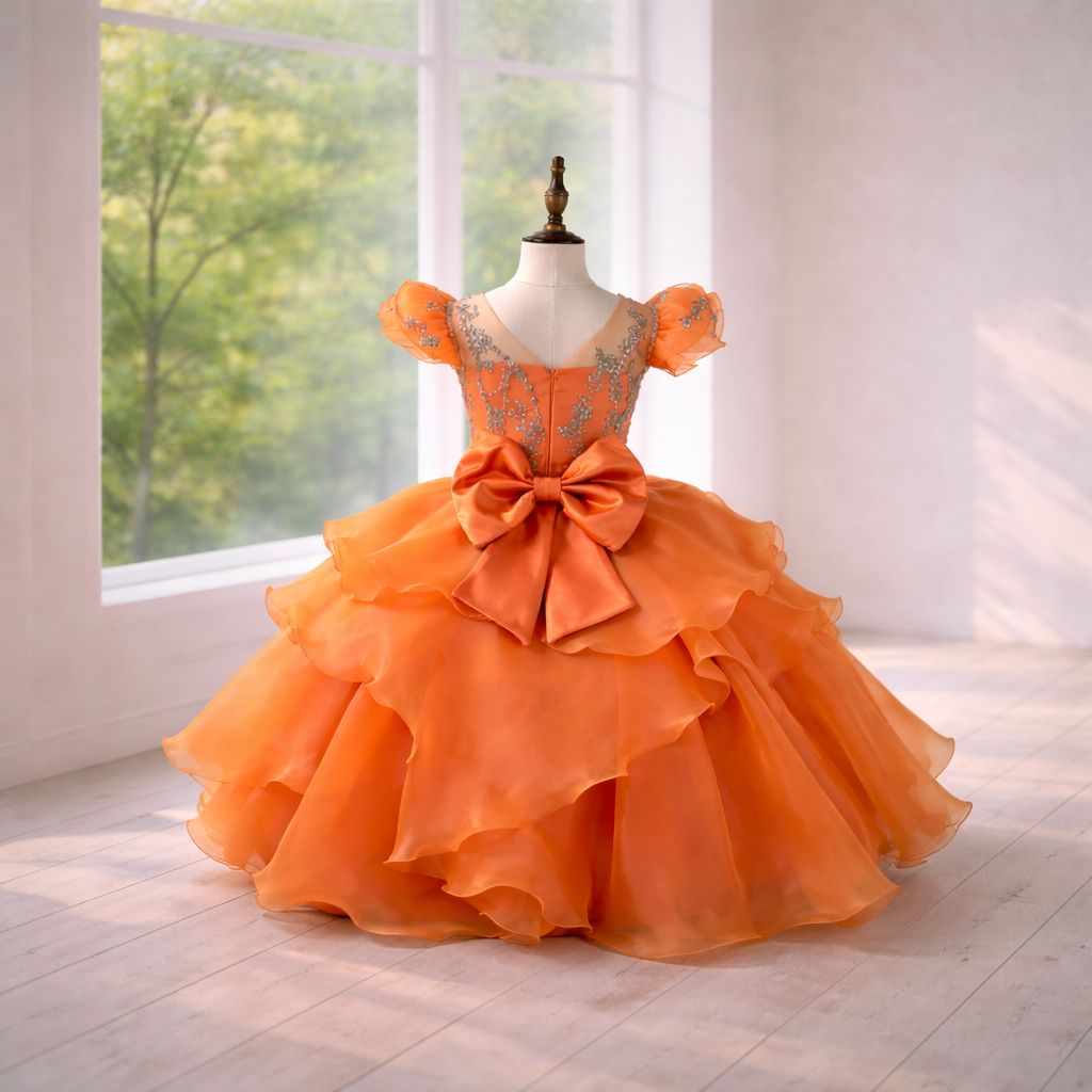 Burnt Orange Ruffle Tulle Ball Gown