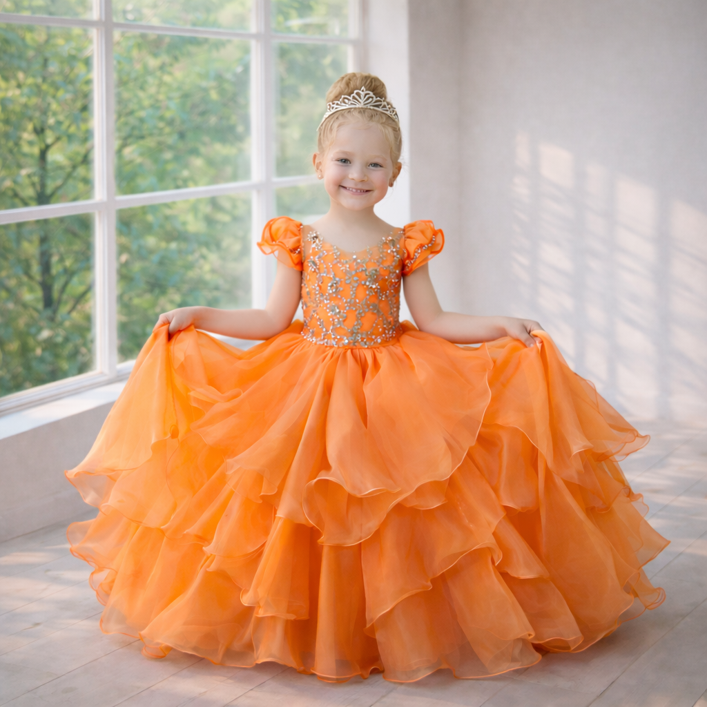 Burnt Orange Ruffle Tulle Ball Gown