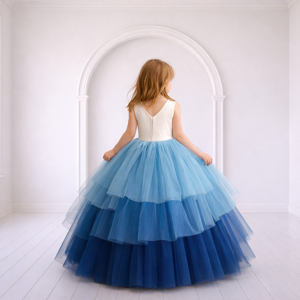 Blue Ombré Layered Tulle Ball Gown