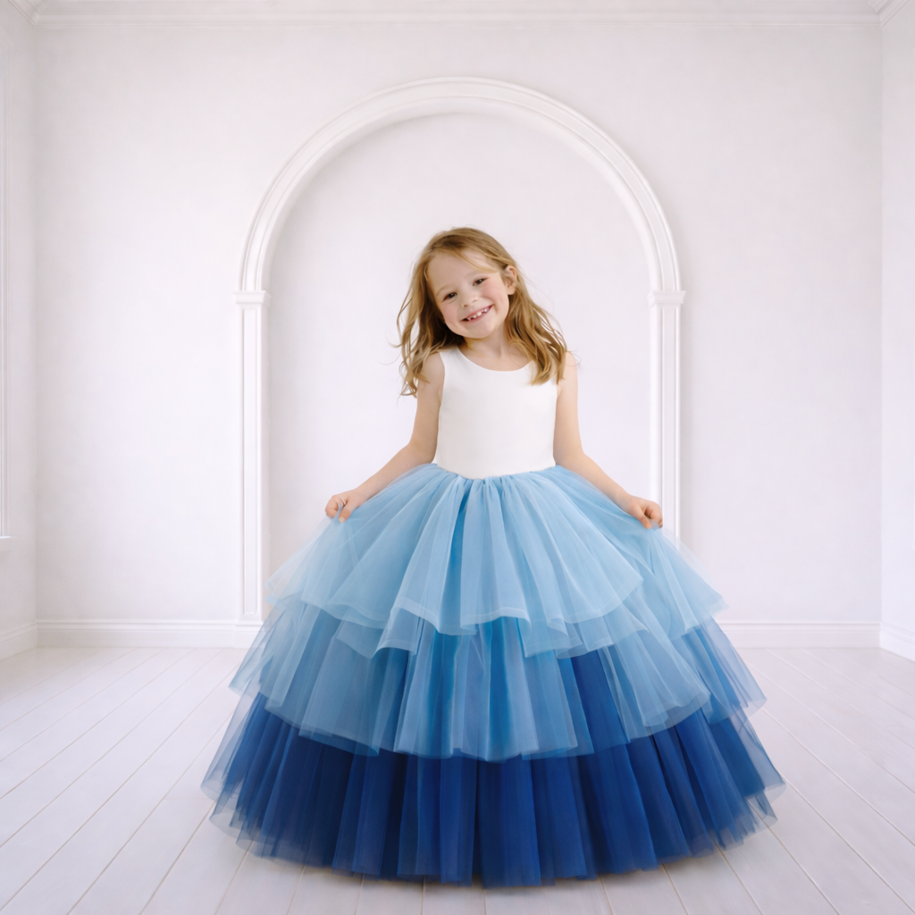 Blue Ombré Layered Tulle Ball Gown