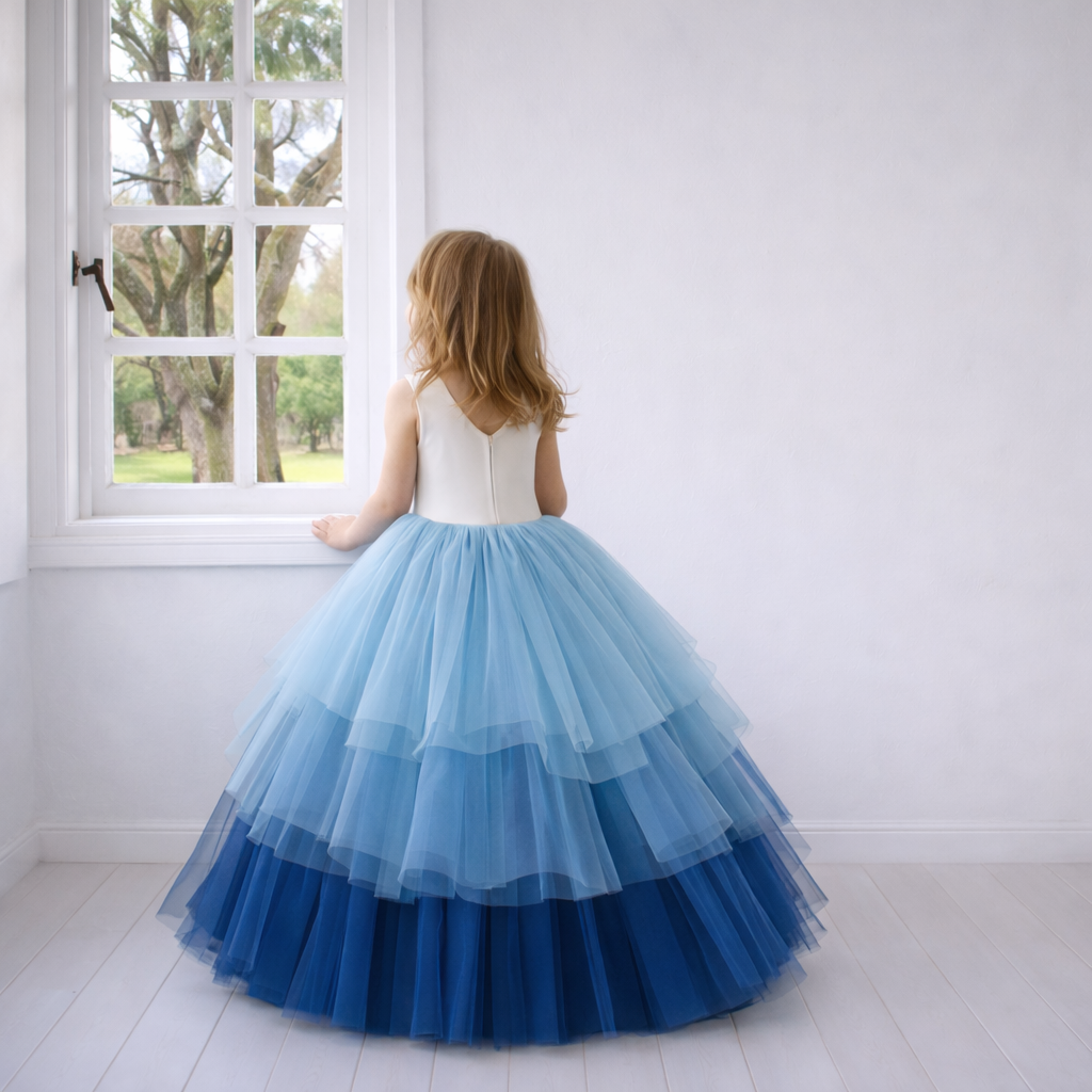 Blue Ombré Layered Tulle Ball Gown
