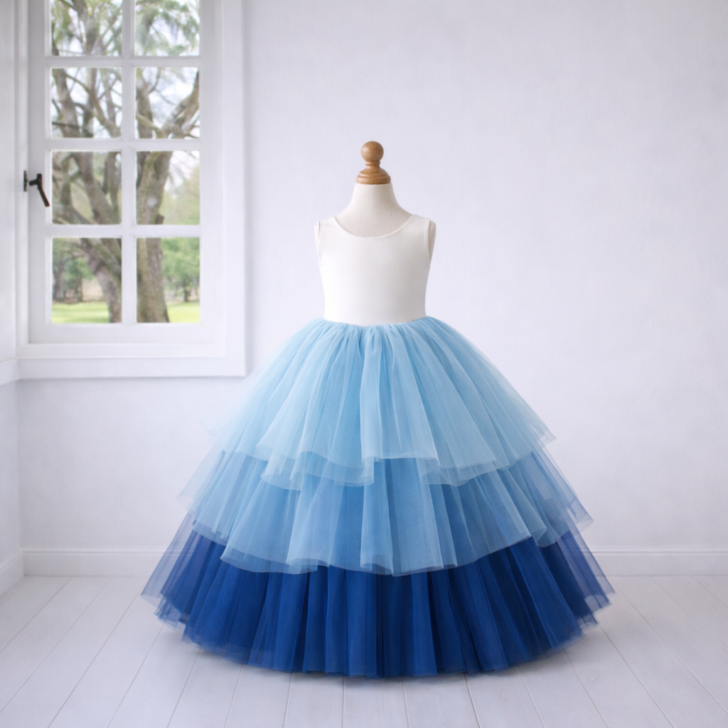 Blue Ombré Layered Tulle Ball Gown