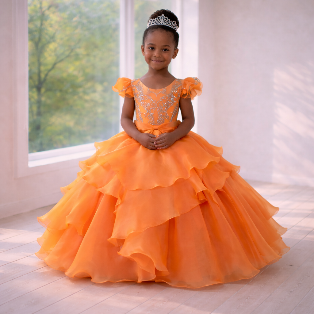 Burnt Orange Ruffle Tulle Ball Gown