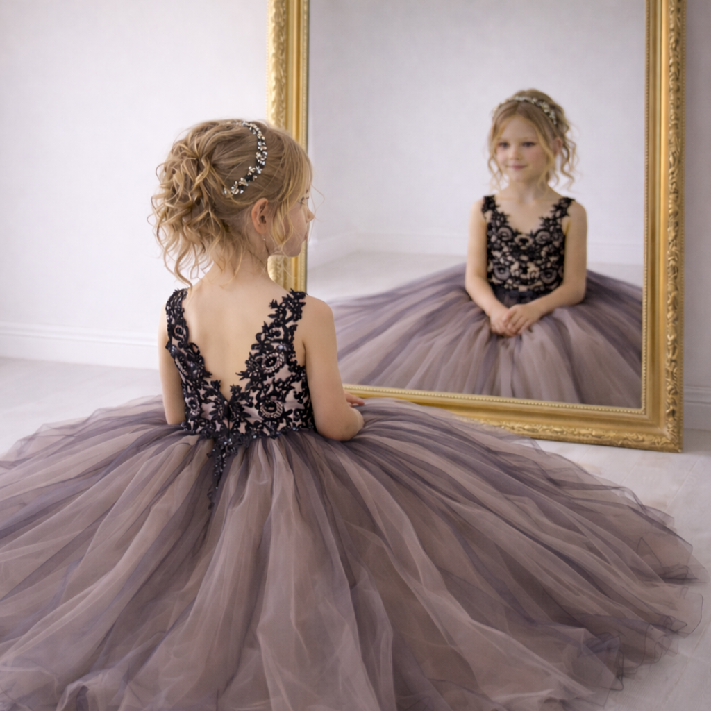 Smoky Taupe & Black Lace Tulle Ball Gown